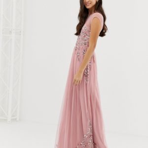 Maya allover premium embellished mesh cap sleeve maxi dress in vintage rose - Liyanah