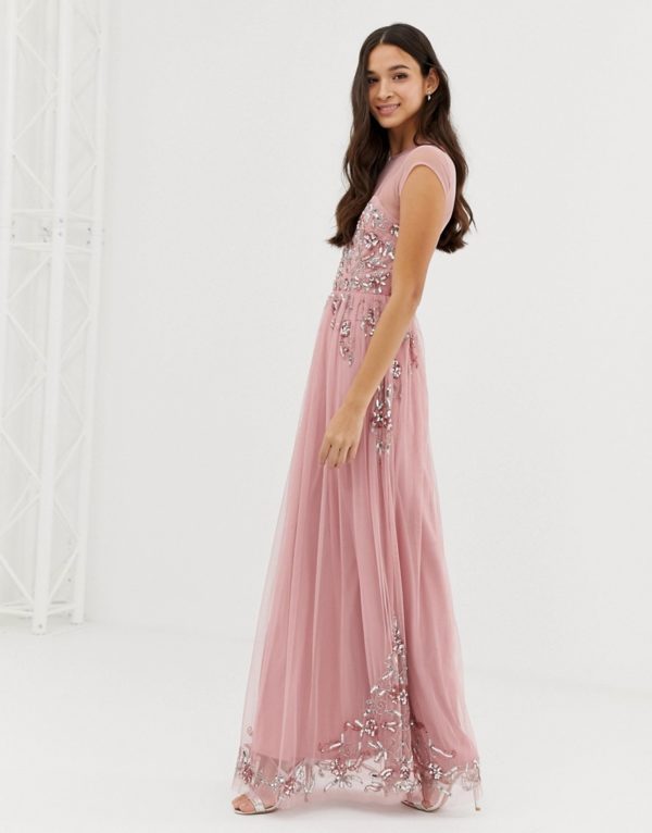 Maya allover premium embellished mesh cap sleeve maxi dress in vintage rose - Liyanah