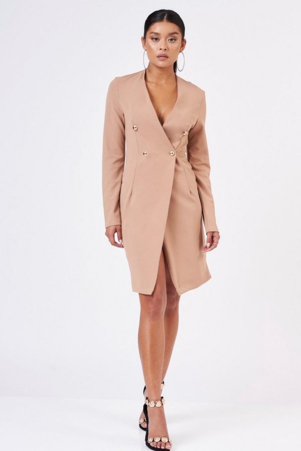 Topshop Beige Blazer Midi Wrap Dress by CLUB L - Liyanah