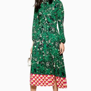 Topshop Geo Border Tie Floral Print Green Red Neck Dress - Liyanah