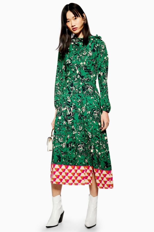 Topshop Geo Border Tie Floral Print Green Red Neck Dress - Liyanah