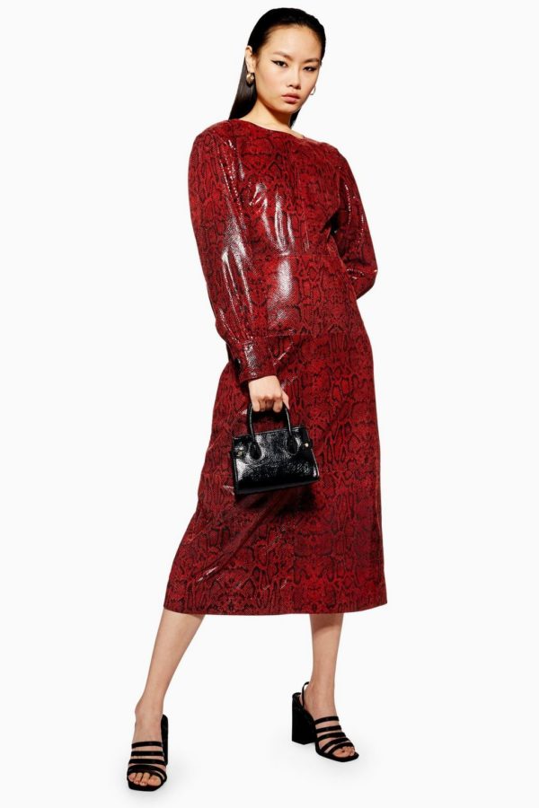 Topshop Snake Leather Burgundy Red Midi Dress - Liyanah