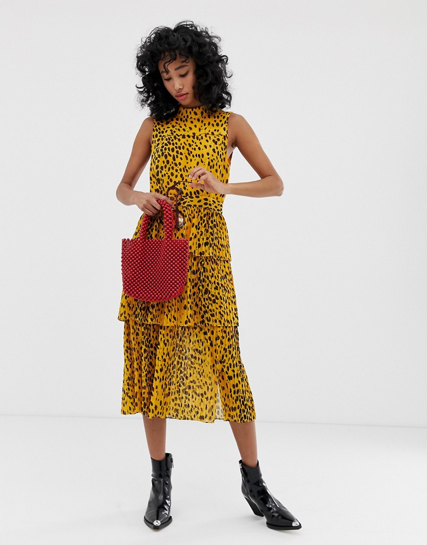 Whistles animal print pleated tiered midi dress