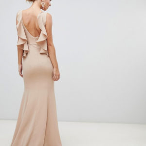 Yaura ruffle open back maxi dress in taupe beige - Liyanah