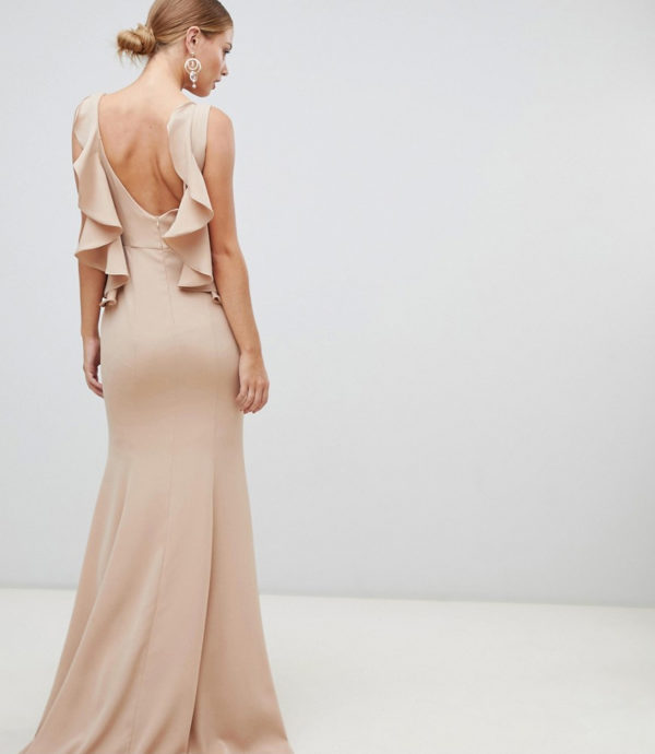 Yaura ruffle open back maxi dress in taupe beige - Liyanah