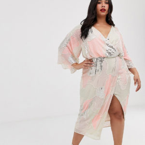 ASOS DESIGN Curve midi kimono dress in pearl and sequin patched embellishment