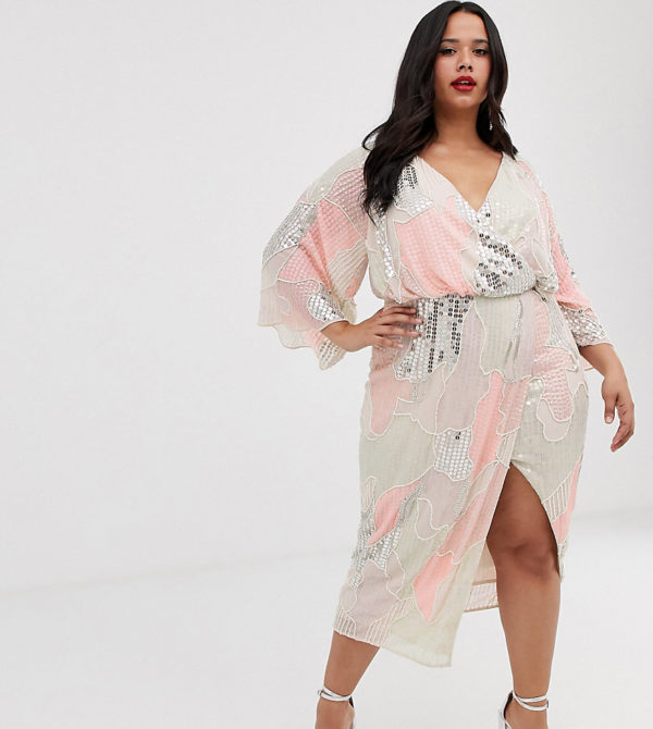 ASOS DESIGN Curve midi kimono dress in pearl and sequin patched embellishment