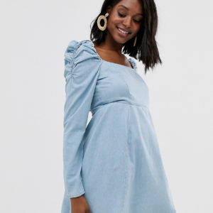 ASOS DESIGN Maternity denim milkmaid mini dress in lightwash blue