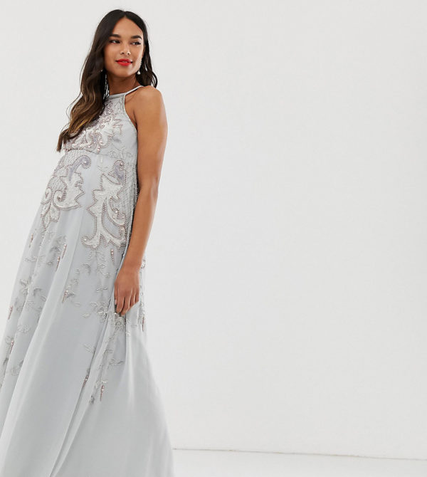 ASOS DESIGN Maternity maxi dress with pinny bodice and embellished artwork