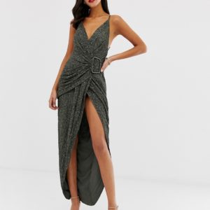 ASOS DESIGN all over sequin drape maxi dress with horn buckle