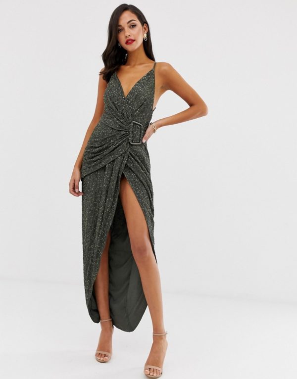 ASOS DESIGN all over sequin drape maxi dress with horn buckle