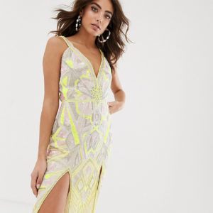 ASOS DESIGN beaded pencil midi dress with in neon