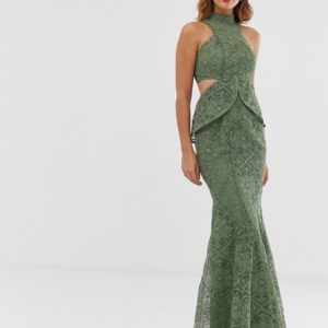 ASOS DESIGN high neck lace maxi dress with cut outs and fishtail hem