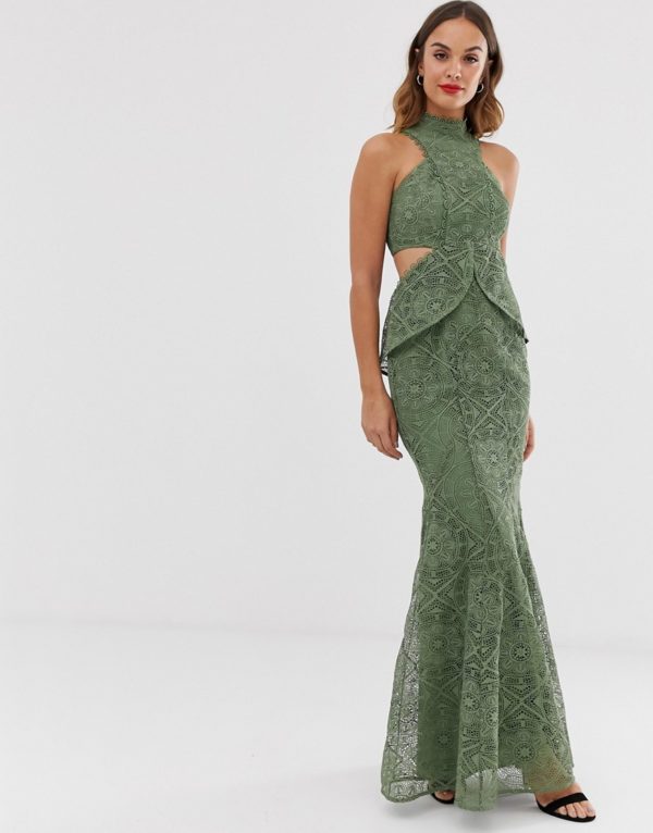 ASOS DESIGN high neck lace maxi dress with cut outs and fishtail hem