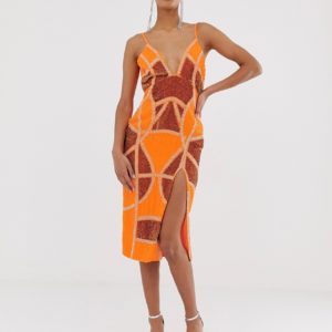 ASOS DESIGN sexy pencil midi dress with embellished orange panels