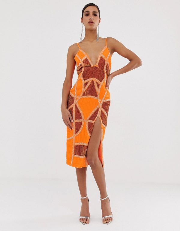 ASOS DESIGN sexy pencil midi dress with embellished orange panels