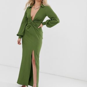 ASOS DESIGN textured drape shirt maxi dress with knot detail