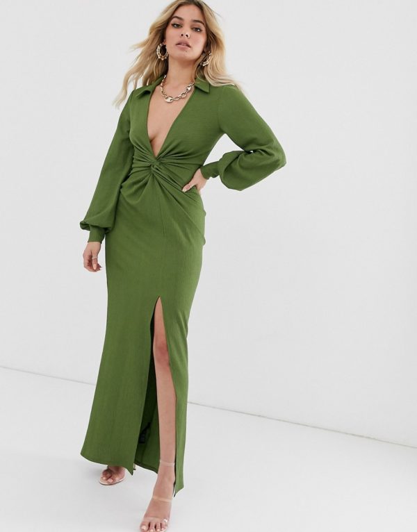 ASOS DESIGN textured drape shirt maxi dress with knot detail