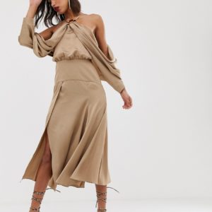 ASOS EDITION drape sleeve midi dress with ring detail in satin