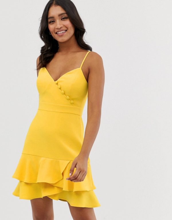 Forever New button detail flippy hem mini dress with belt in yellow