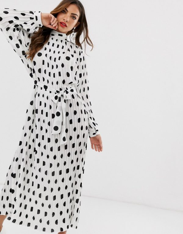 Forever U Collection pleated midaxi dress in polka dot print