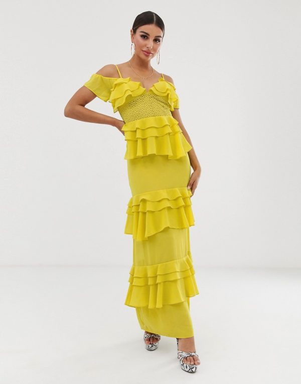 Forever U tiered maxi dress with panelling in yellow