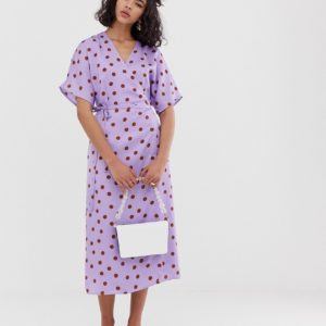 Gestuz Elsie polka dot sateen wrap midi dress with matching hair scrunchie