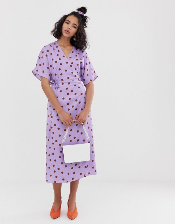 Gestuz Elsie polka dot sateen wrap midi dress with matching hair scrunchie