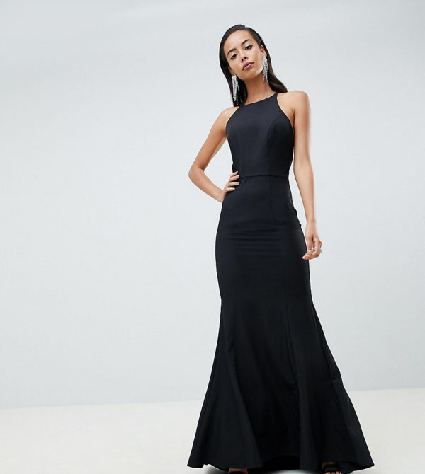 Jarlo Tall open button back fishtail maxi dress hem in black