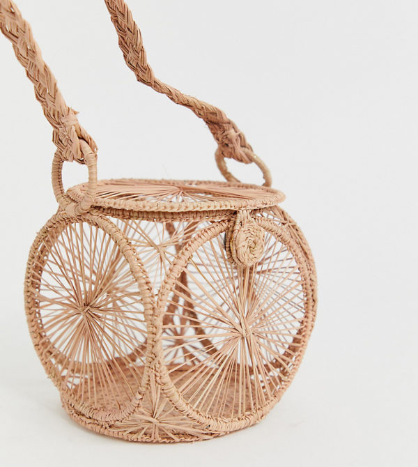 KAANAS woven raffia handle detail clutch bag in pink