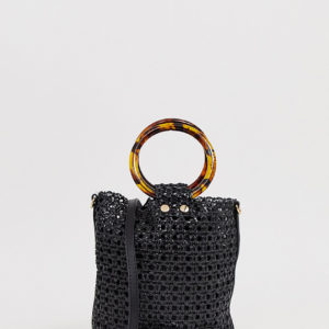 Mango woven bucket bag with tortoiseshell handles in black