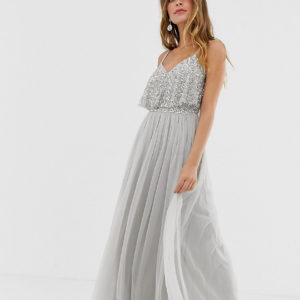 Maya Petite delicate embellished overlay cami maxi dress in soft grey