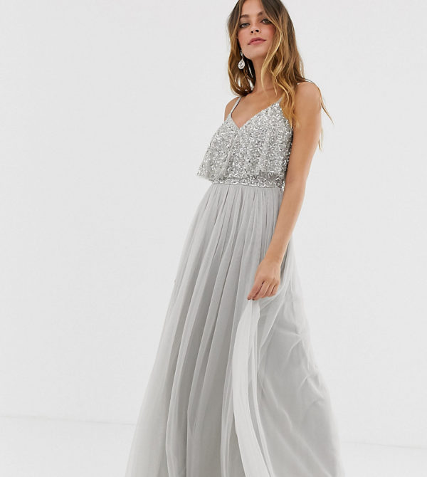 Maya Petite delicate embellished overlay cami maxi dress in soft grey