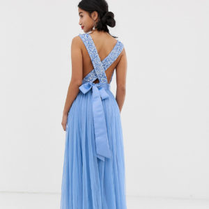 Maya Petite delicate sequin bodice maxi dress with cross back bow detail in bluebell