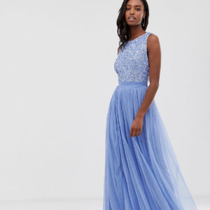 Maya Tall delicate sequin bodice maxi dress with cross back bow detail in bluebell