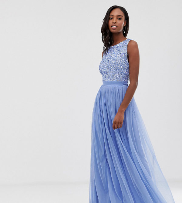 Maya Tall delicate sequin bodice maxi dress with cross back bow detail in bluebell