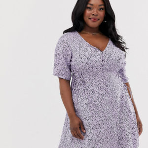 New Look Curve lattice ditsy floral print tea dress in purple