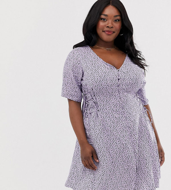 New Look Curve lattice ditsy floral print tea dress in purple