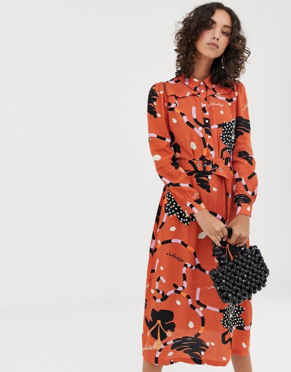 Selected Femme midaxi shirt dress in abstract print