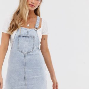 Stradivarius denim pinafore dress in blue