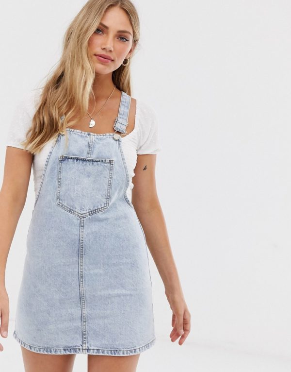 Stradivarius denim pinafore dress in blue