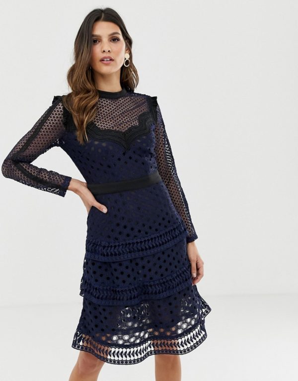 Y.A.S lazer cut lace tiered mini dress