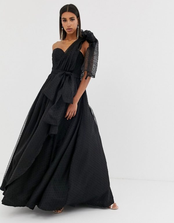 Bariano full prom one shoulder maxi dress with detachable bow detail in black - Liyanah