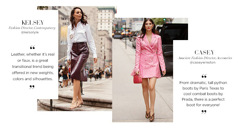 Saks Fifth Avenue - New York Fashion Week Radar Edit Street Style - Kelsey Fashion Director Contemporary x Casey Associate Fashion Director Accessories - Leather skirt Pink Dress Python Boots - Liyanah